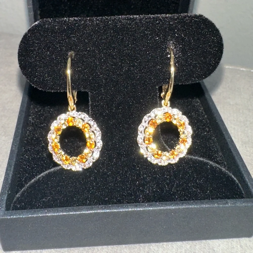 Citrine & White Topaz Circle Drop Earrings in 18K Gold plating over silver - Picture 3 of 8